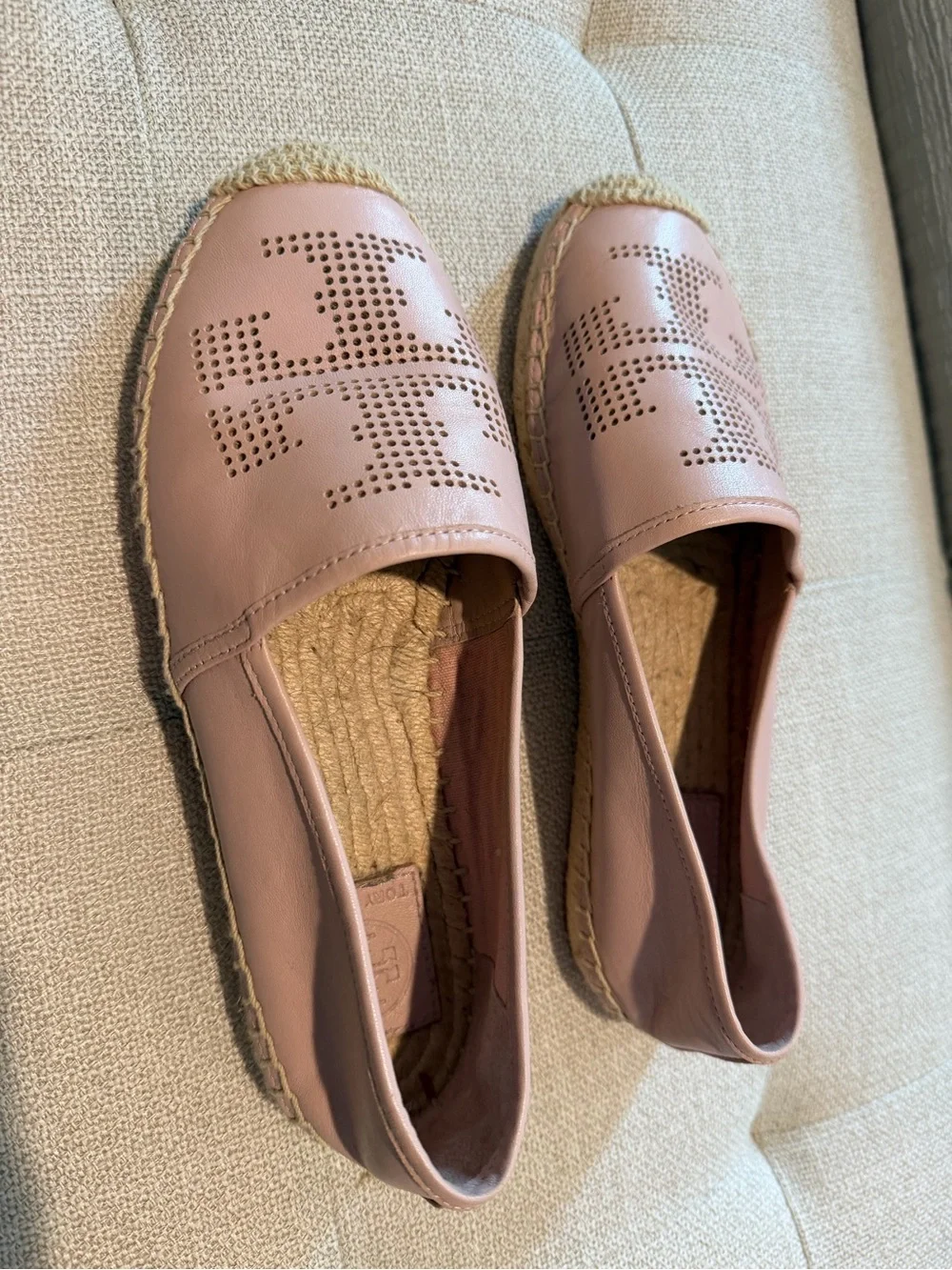 Tory Burch Blush Pink Perforated Leather Espadrille Flats